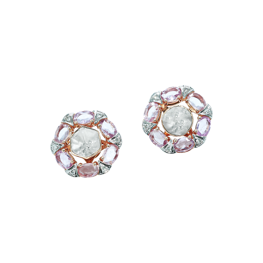 Polki Diamond Studs with Pink Sapphire Gem Halo and Pav&eacute; Detailing